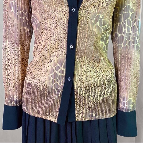 BUTTON DOWN SHIRT ANIMAL PRINT BROWN SHEER CHIFFON TOP LONG SLEEVE  BLOUSE SMALL - Picture 13 of 17